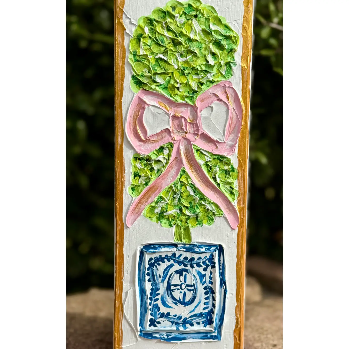 Textured Topiary Art Block with Pink Bow