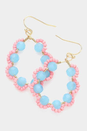 Wildflowers Pink & Blue Beaded Teardrop Earrings