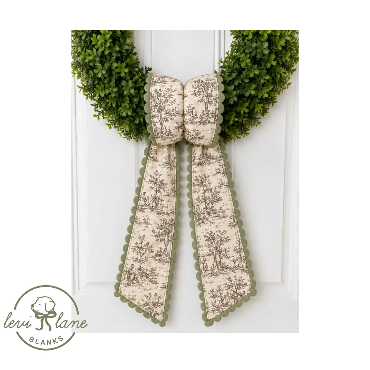 Beige Toile with Green Ric Rac Wreath Sash