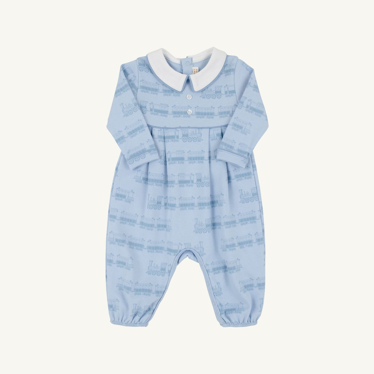 Blue Choo Choos/Worth Ave White Long Sleeve Bradford Romper - Collar - Heavy Weight